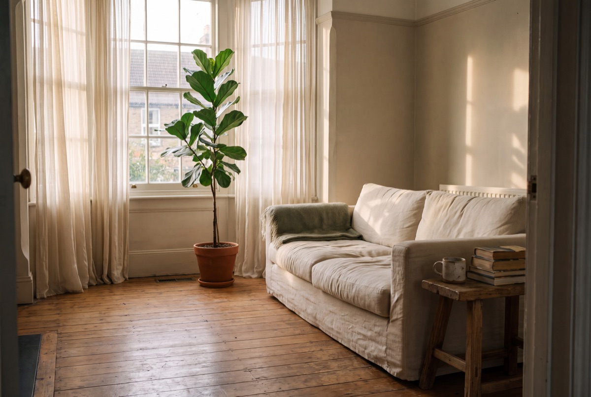 Concept image: a lived-in living room with a linen sofa, an oak floor and a fiddle-leaf fig by the window