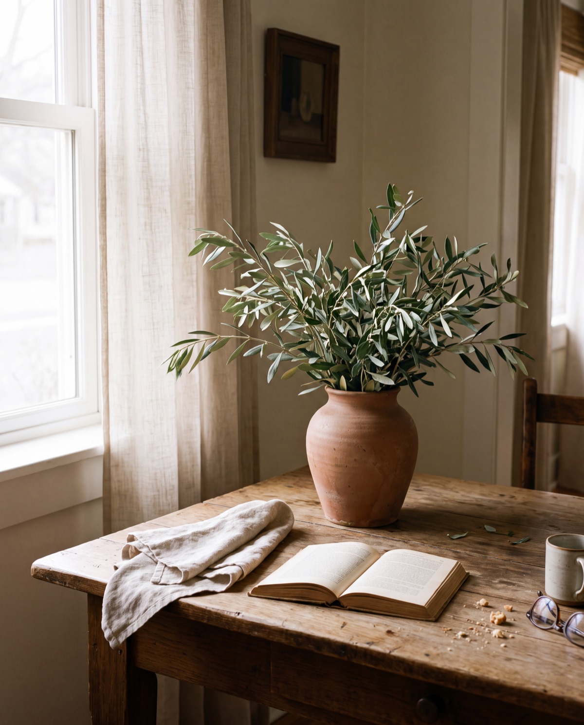 Concept image: olive branches in a clay vase on an oak table by a sunny window