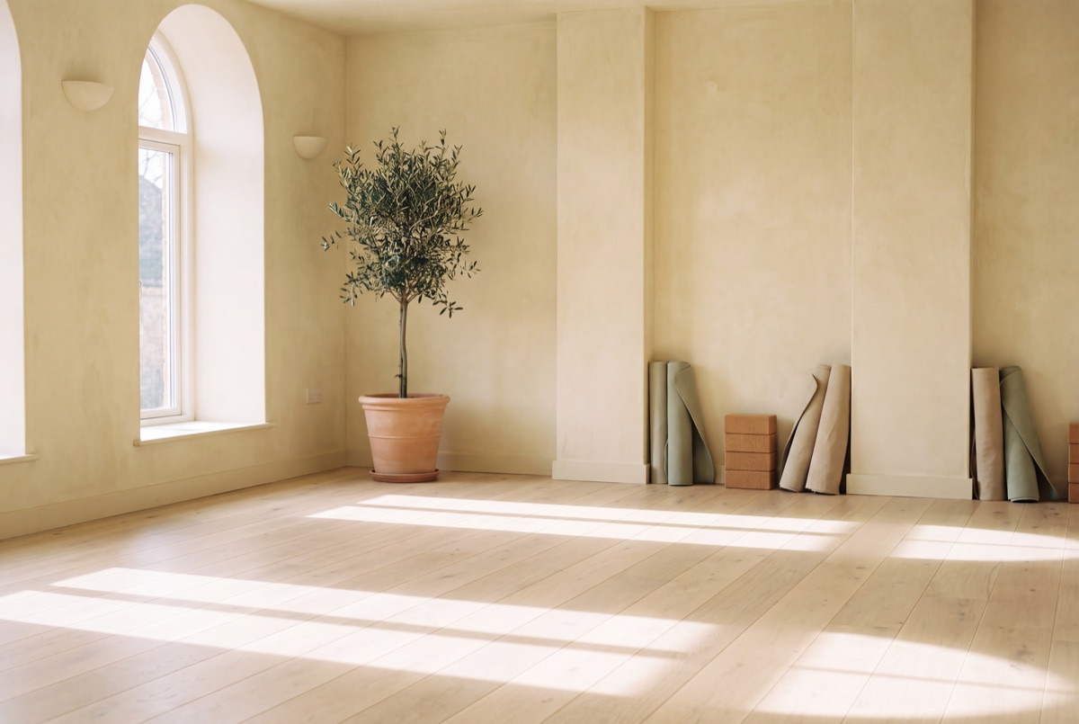 Concept image: a calm yoga studio with an oak floor, rolled linen mats and morning light through arched windows