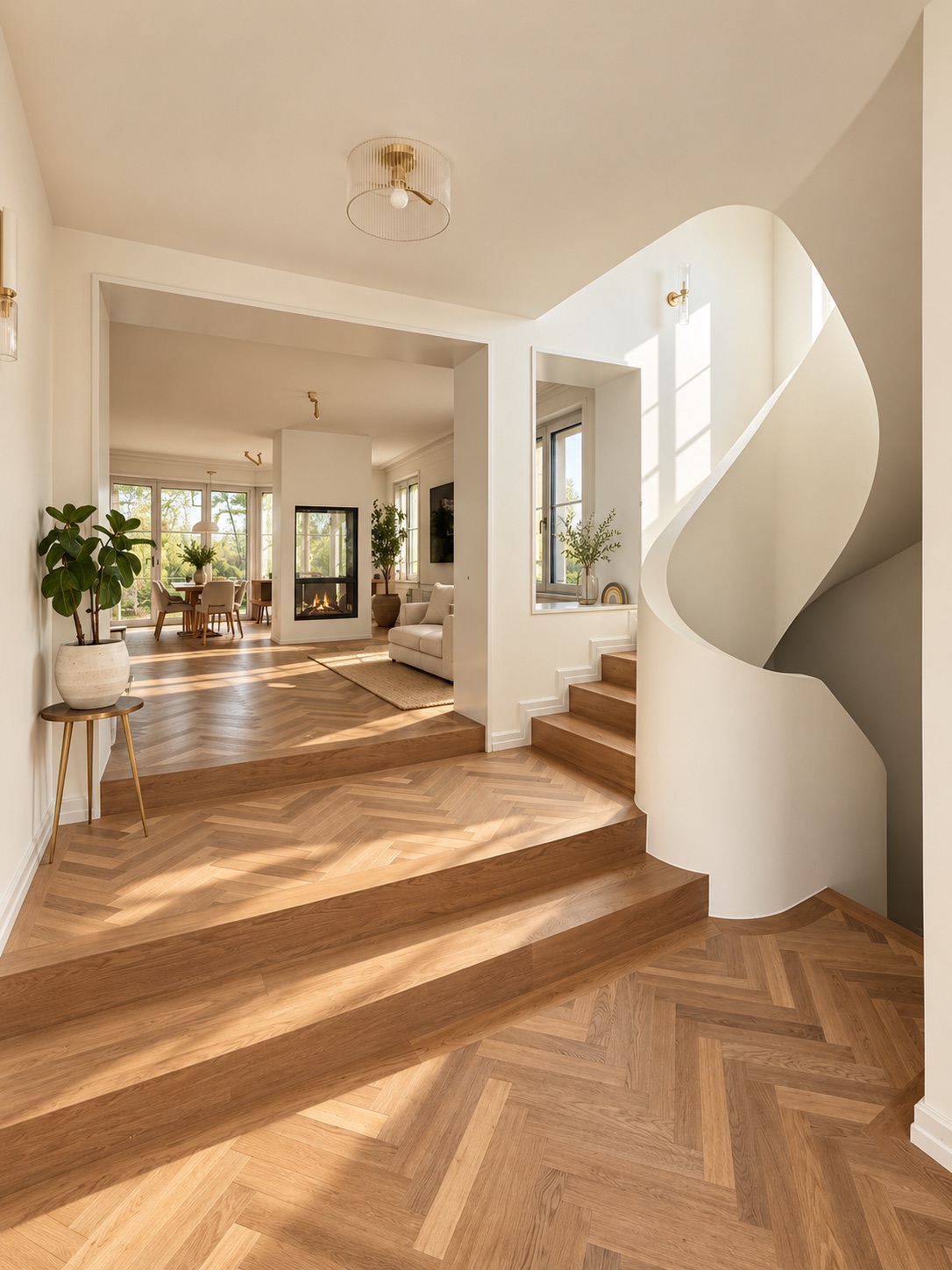 A sunlit hall with a herringbone floor and a curved white stair, the living room and fireplace beyond