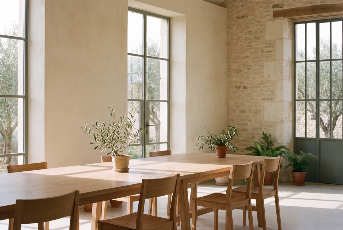 Concept image: a calm shared workplace with a long oak table, lime-plastered walls and tall windows onto olive trees